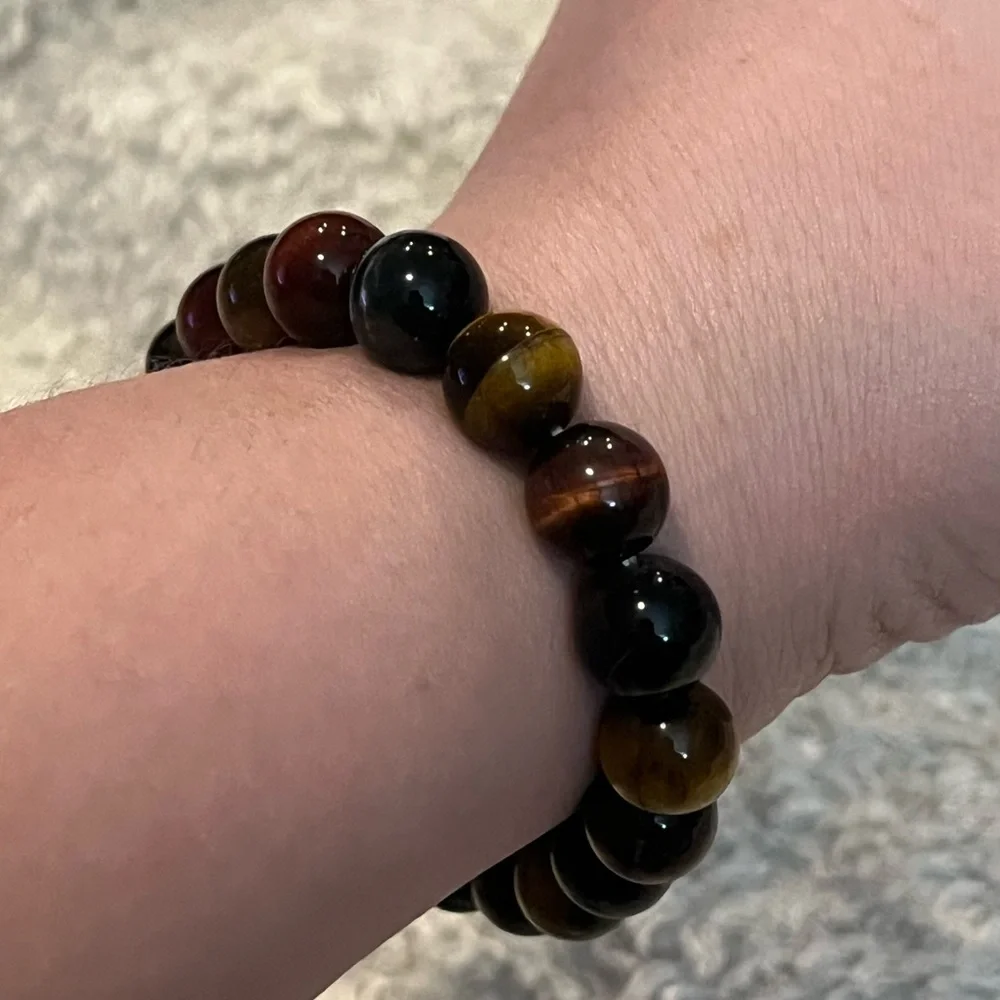Triple Tigers Eye Stretch Bracelet Yellow Red Blue Tigers Eye Bracelet 14mm Bead - Picture 3 of 10
